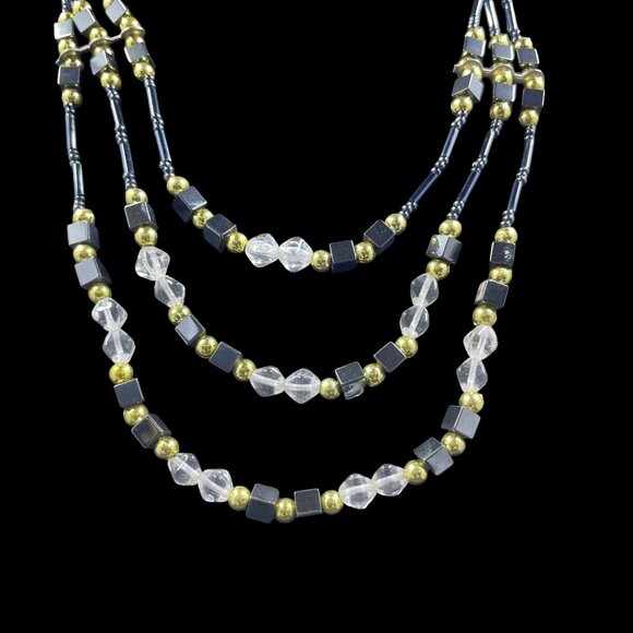 Vintage‎ Style Multi Strand Beaded Necklace Black Gold Clear Boho Layered 17.5" - Picture 2 of 6